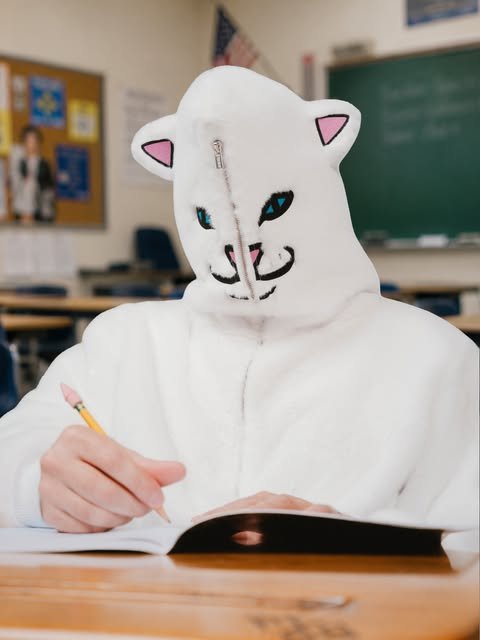 Person in a Lord Nermal hoodie sitting in a classroom